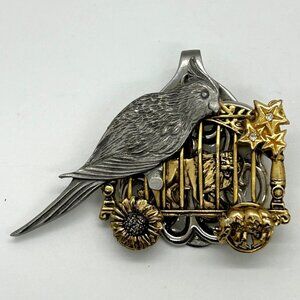 Artisan Mixed-Metal Pendant Bird Cage Crafted from Vintage Brooches Whimsical OO